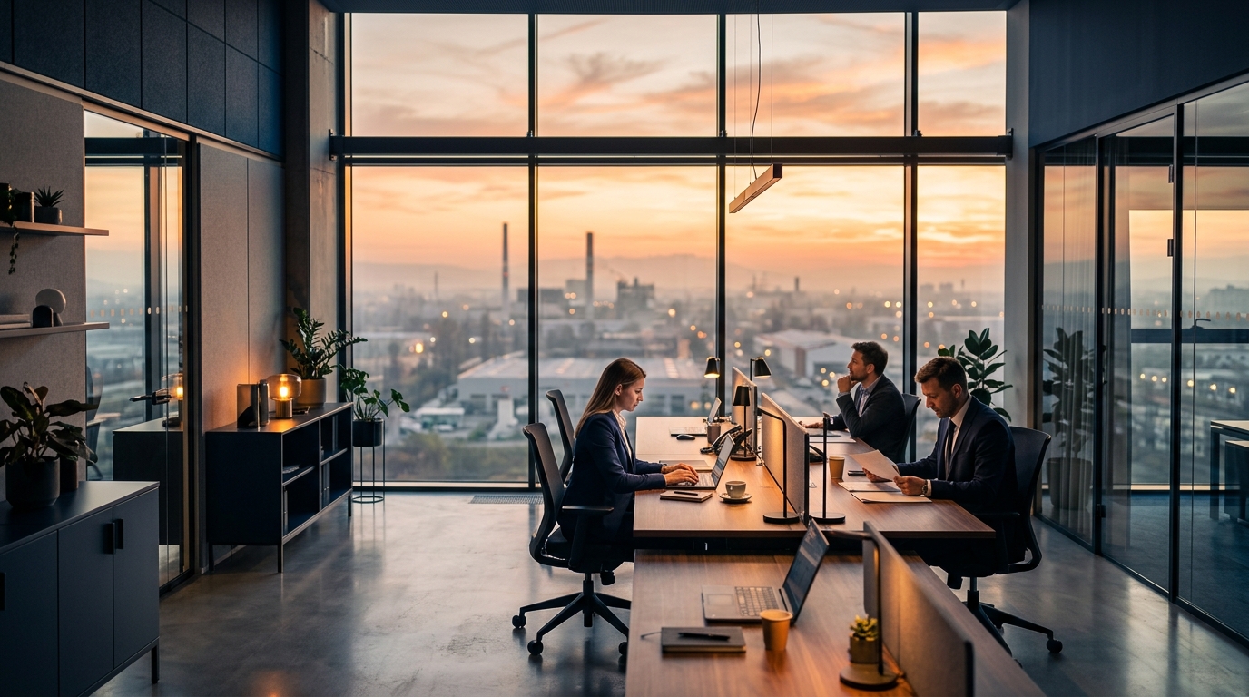 Modern office overlooking industrial Slovenia