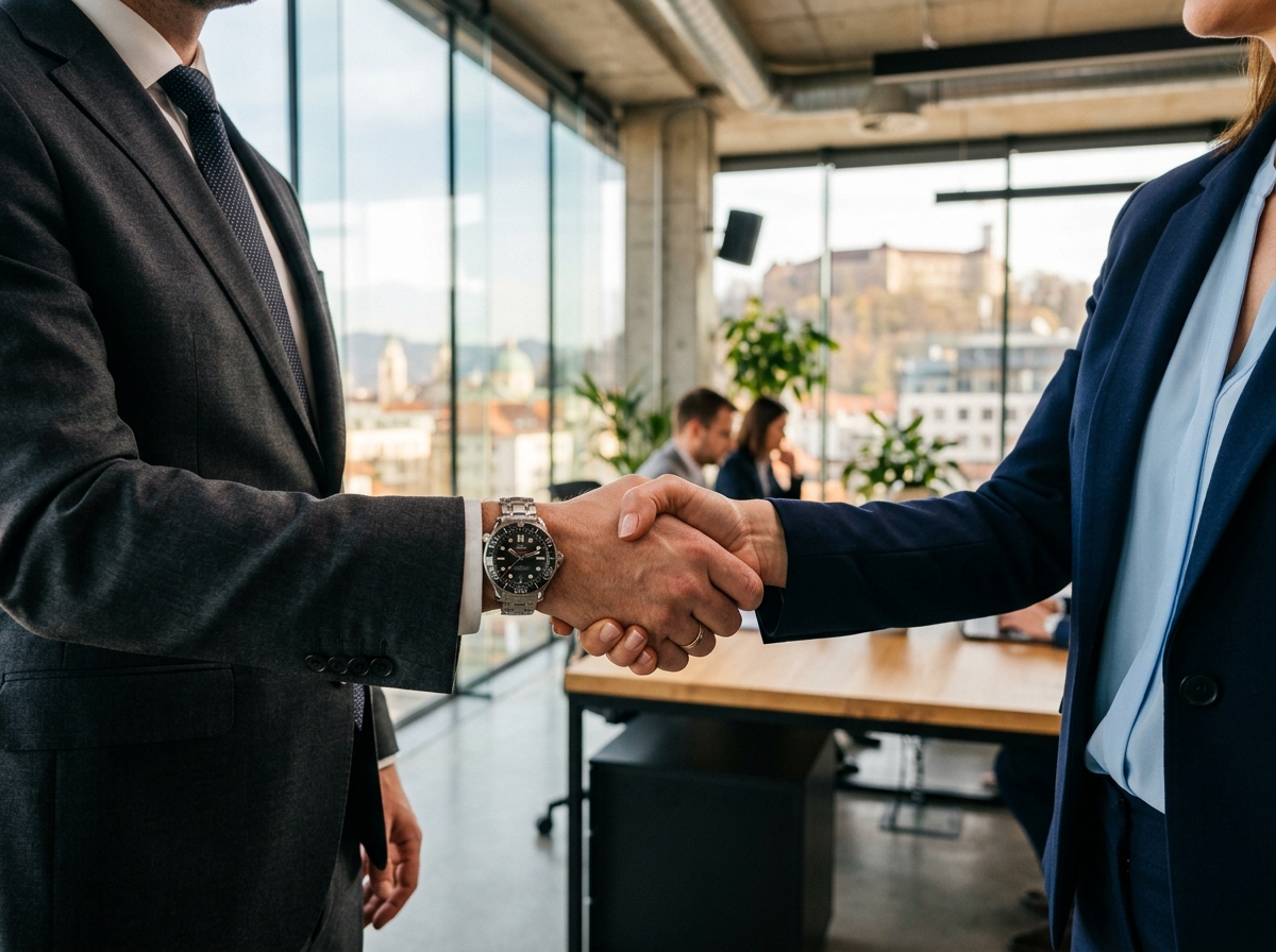 Two professionals shaking hands in Slovenia